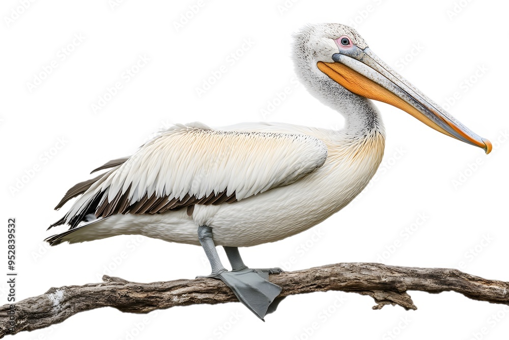 Dalmatian Pelican Bird Perched on a Branch on a White Background, Realistic Photo, Wallpaper, Cover and Screen for Smartphone, Cell Phone, PC, Laptop, 9:16 and 16:9 Format Dalmatian Pelican Bird Perched on a Branch on a White Background, Realistic Photo, Wallpaper, Cover and Screen for Smartphone, Cell Phone, PC, Laptop, 9:16 and 16:9 Format