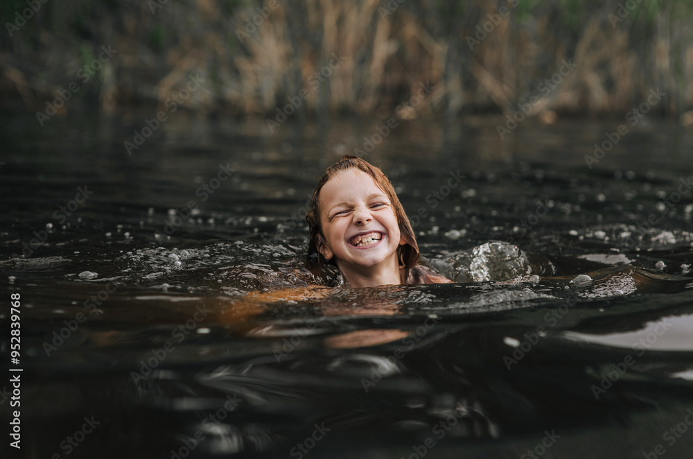 Obraz premium Happy beautiful girl, smiling child swims laughing in water on lake, river, sea in summer. Photography, close-up portrait, childhood concept.