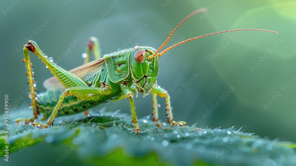 A green grasshopper sits on a leaf, its long legs and antennae reaching out. A green grasshopper sits on a leaf, its long legs and antennae reaching out.