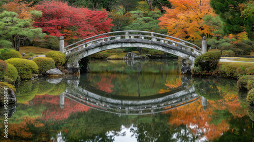 秋の池と石橋