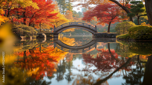 Tapety artystyczne 秋の池と石橋