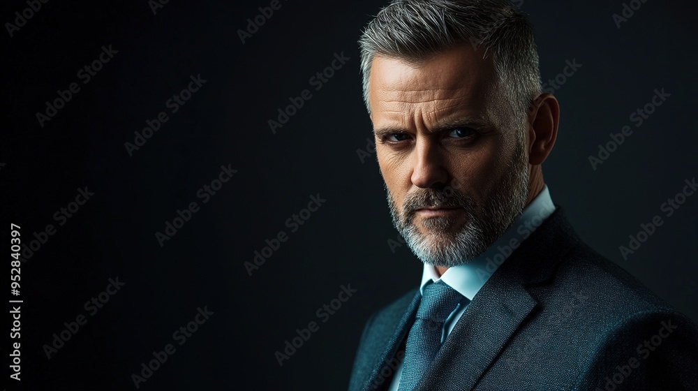 Fototapeta premium powerful portrait of an executive with a determined expression, dressed in a high-end suit, symbolizing leadership and achievement