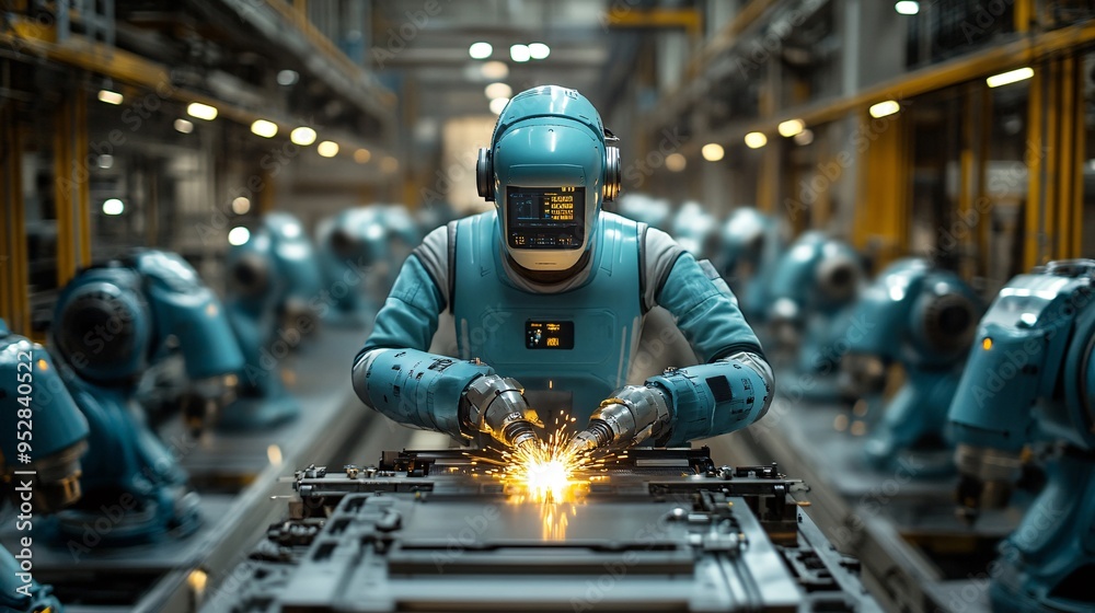 Robotics in Industry: Engineer checking and controlling welding robotics automatic arms machine in an intelligent factory automotive industrial setting with monitoring system software. Digital