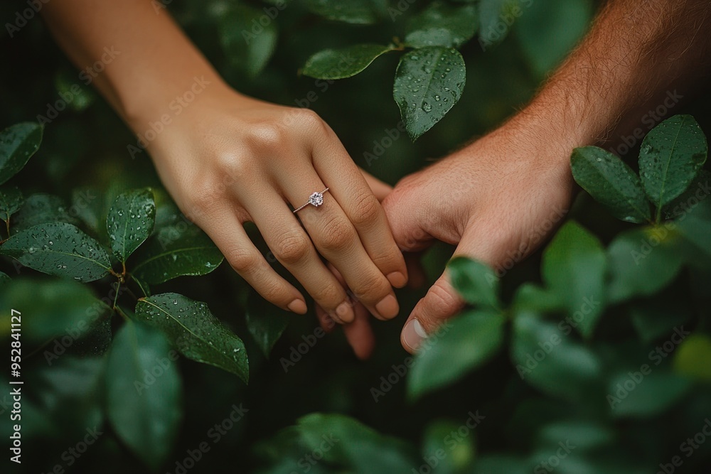 A close-up of two hands, one with an engagement ring on the finger. A close-up of two hands, one with an engagement ring on the finger.
