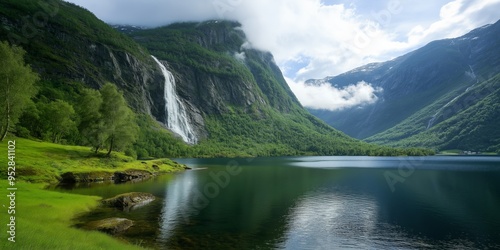 Fototapeta Naklejka Na Ścianę i Meble -  A beautiful mountain landscape with a large waterfall and a lake. The water is calm and the sky is clear. The scene is peaceful and serene, with the mountains in the background