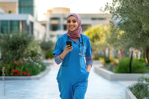 Beautiful arab nurse wearing hijab portrait at the city hospital - Middle eastern adult female working in healthcare clinic
 photo