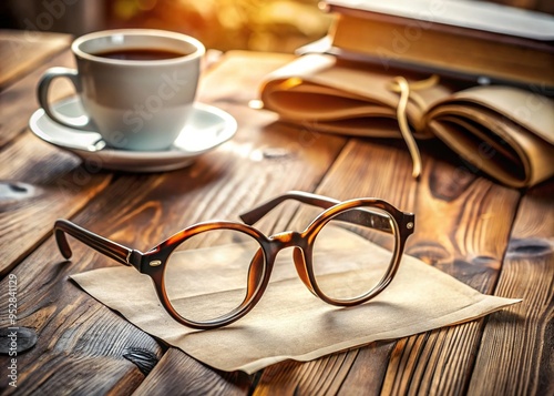 Vintage-inspired, rounded, brown horned rim glasses perched on a worn wooden desk, surrounded by scattered papers and empty coffee cups, exuding a nostalgic, intellectual atmosphere. photo