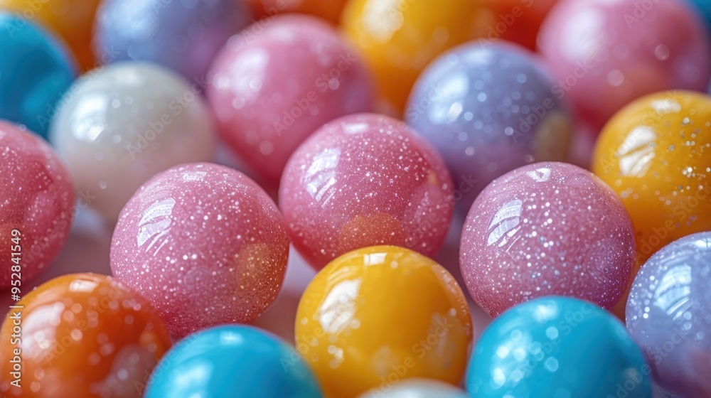 A close-up view of colorful shiny balls with glitter on a white surface. A close-up view of colorful shiny balls with glitter on a white surface.