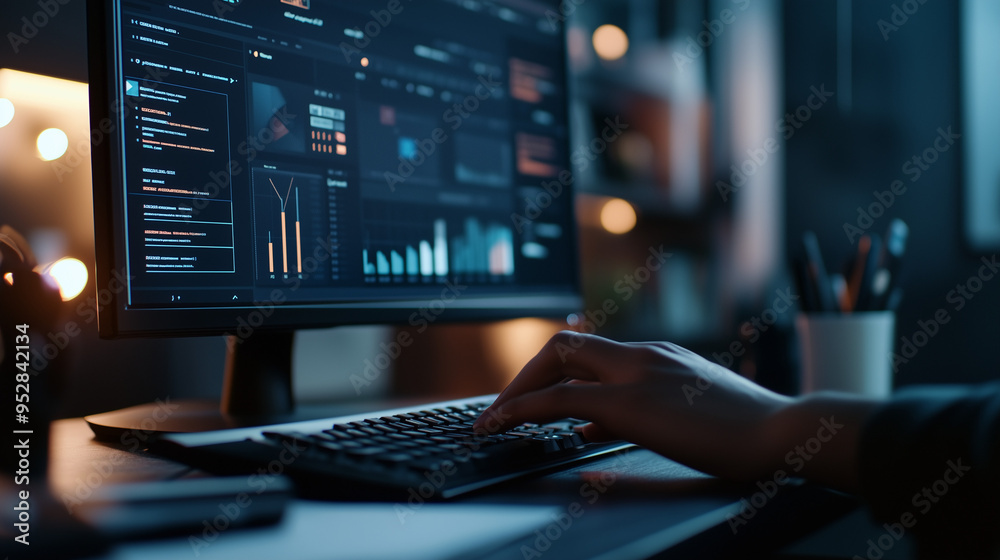Nighttime data analysis on a computer screen with a person working, reflecting focus and dedication