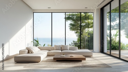 modern living room with mediterranean interior design and spacious windows for natural light, portraying a welcoming and stylish home environment