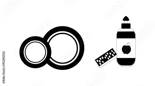 Black and white elements, icons dishwashing - plates and dishwashing liquid - vector illustration