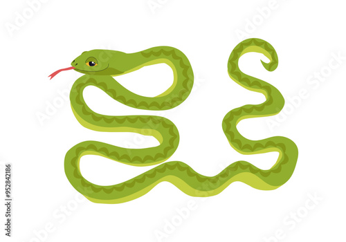 Green cute cartoon snake with tongue hanging out. Vector flat illustration, symbol of 2025