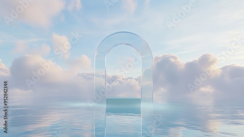 Fototapeta Naklejka Na Ścianę i Meble -  Surreal Beautiful Dream land background. Abstract Dune in winter season landscape with geometric arch.  Escapism minimal atmospheric illustration. Christmas mood 3d render. Glass, mirror, wate and ice