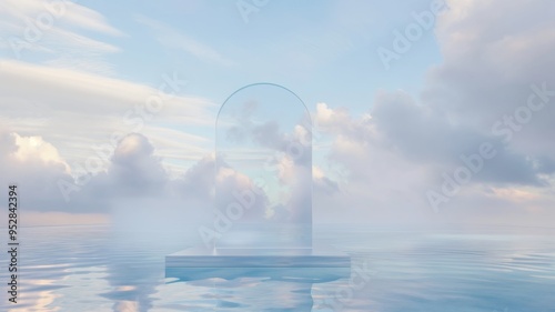Fototapeta Naklejka Na Ścianę i Meble -  Surreal Beautiful Dream land background. Abstract Dune in winter season landscape with geometric arch.  Escapism minimal atmospheric illustration. Christmas mood 3d render. Glass, mirror, wate and ice