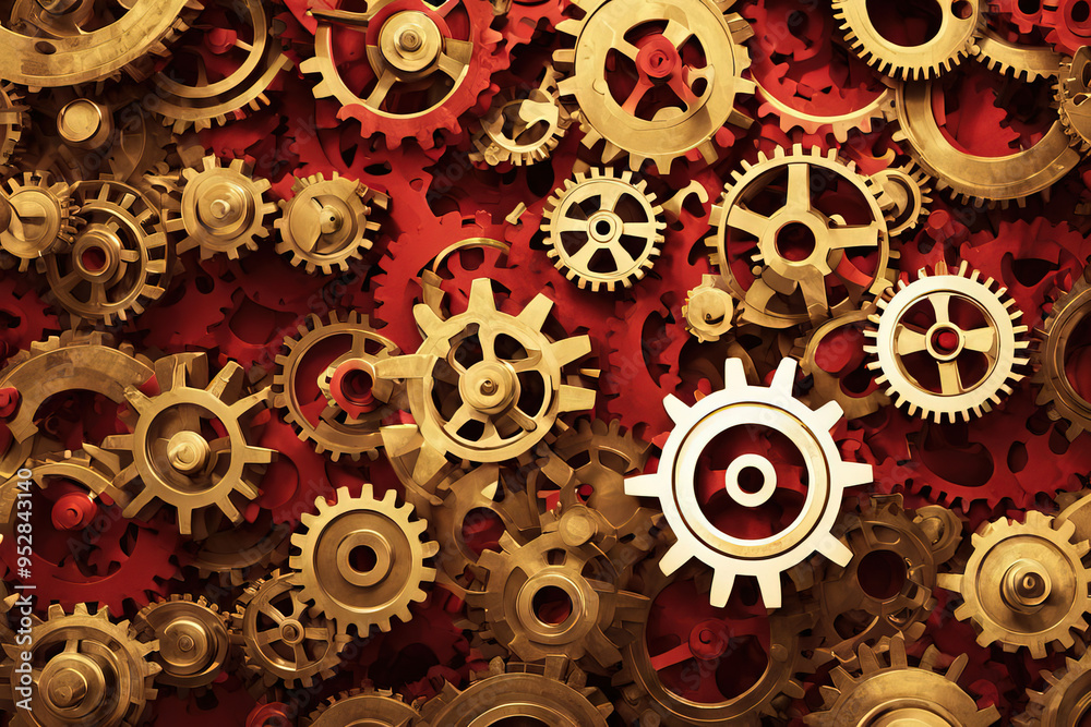 Close-up of interlocking gold gears on a red background. Close-up of interlocking gold gears on a red background.