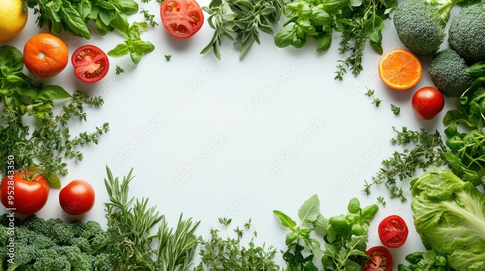 circularly designed fresh produce and herbs for a world vegan day concept banner, perfect for showcasing vegan recipes with available copy space circularly designed fresh produce and herbs for a world vegan day concept banner, perfect for showcasing vegan recipes with available copy space
