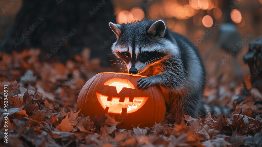 Naklejka premium かぼちゃの中を探るアライグマ