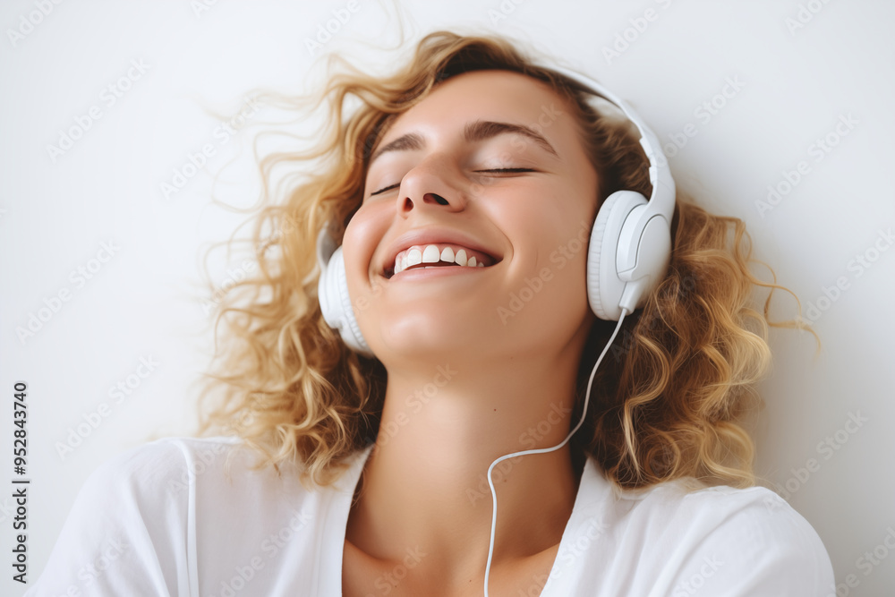 Curly European young woman wearing headphones smiling happily on a white background. Design for advertising headphones, streaming services, and electronics stores. Banner template with place for text Curly European young woman wearing headphones smiling happily on a white background. Design for advertising headphones, streaming services, and electronics stores. Banner template with place for text