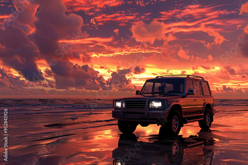 A car is parked on a beach at sunset