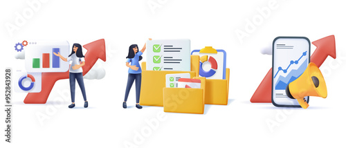 People Characters Analyzing Charts, Graphs, Planning Business Strategy and Managing Data on Laptop and Smartphone. Business Intelligence and Analysis Concept. 3D cartoon Vector Illustration Set