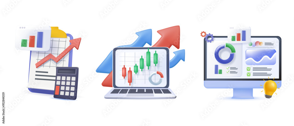 Obraz premium Financial illustration set in 3D style. Investing money in stock market. Analyzing financial graphs, charts and diagrams and other data. Stock trading concept. Vector illustration