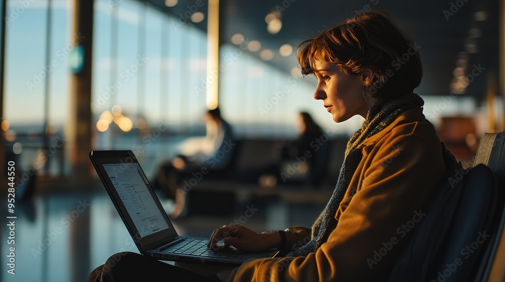 reelancer typing on a laptop at an airport lounge, ready to embark on a new adventure while continuing their work on the go