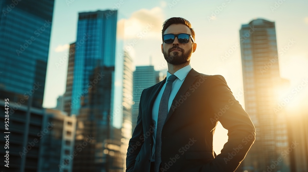 dynamic shot of an executive standing in front of a city skyline, exuding success and authority, with a confident and assertive pose dynamic shot of an executive standing in front of a city skyline, exuding success and authority, with a confident and assertive pose