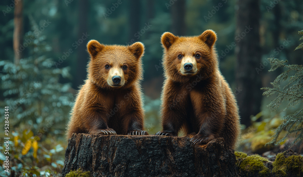 Obraz premium Two brown bears are sitting on a log in the woods. The bears are looking at the camera and seem to be curious about the photographer