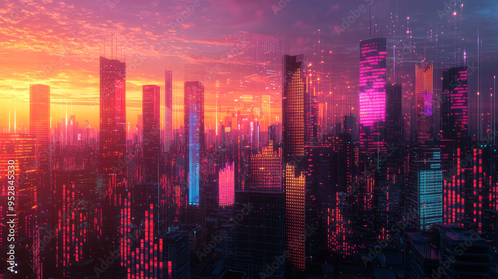 Futuristic Cityscape with Neon Lights and Skyscrapers Futuristic Cityscape with Neon Lights and Skyscrapers