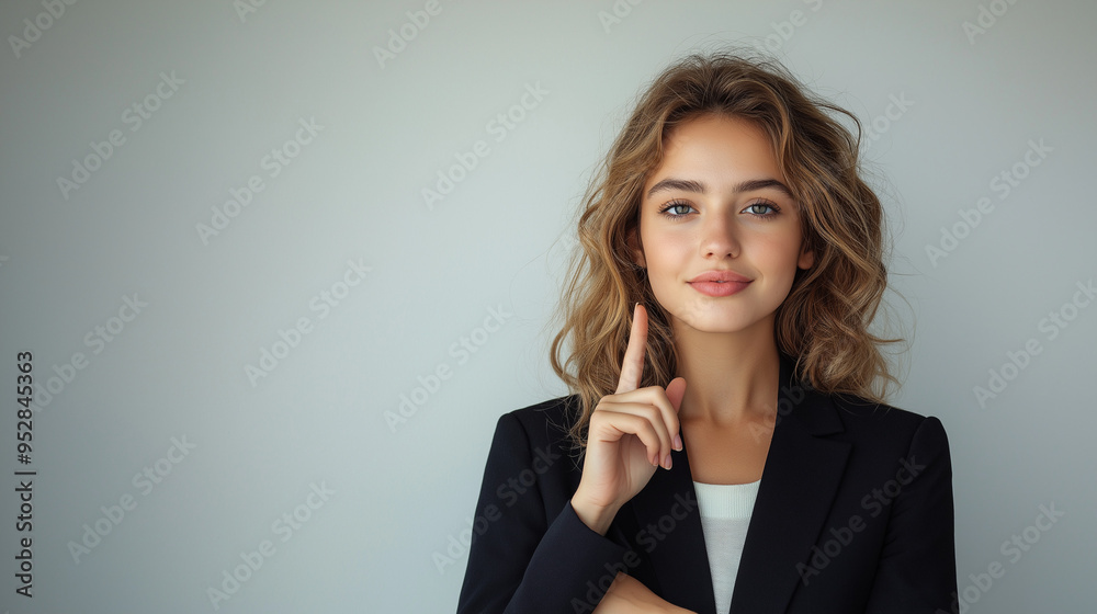 A woman in a business suit is pointing upward and smiling, against a white background. The image is isolated on the left side of the screen A woman in a business suit is pointing upward and smiling, against a white background. The image is isolated on the left side of the screen