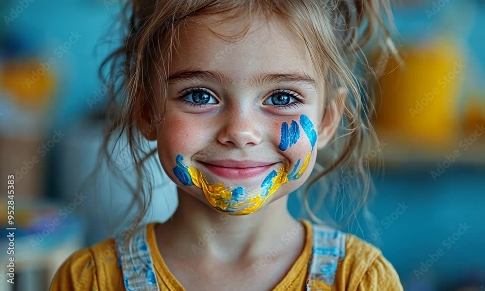 Little girl with blue and yellow paint on her face, smiling at the camera. Little girl with blue and yellow paint on her face, smiling at the camera.