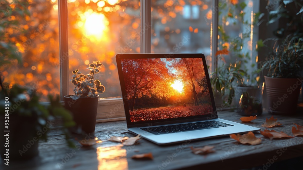 Laptop Displaying Autumn Scene on a Wooden Desk by a Sunlit Window, Surrounded by Potted Plants and Fallen Leaves, Creating a Cozy, Warm Workspace Environment Laptop Displaying Autumn Scene on a Wooden Desk by a Sunlit Window, Surrounded by Potted Plants and Fallen Leaves, Creating a Cozy, Warm Workspace Environment