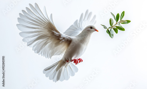 A white dove is flying with a leaf in its beak. Concept of peace and tranquility, as the dove is a symbol of peace and the leaf represents nature. The image also suggests a connection between the bird
