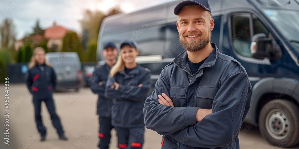 A group of workers in blue uniforms stand in front of a blue van. They are smiling and posing for a picture A group of workers in blue uniforms stand in front of a blue van. They are smiling and posing for a picture