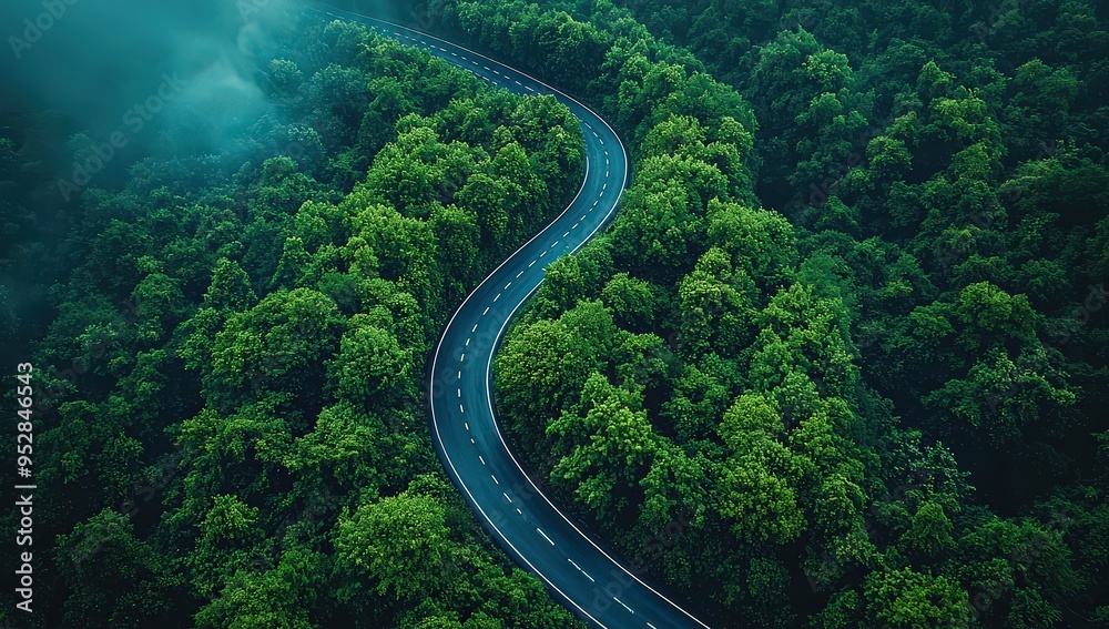 Aerial view of an asphalt road winding through a green forest with trees and vegetation, a crossroads or intersection concept. 