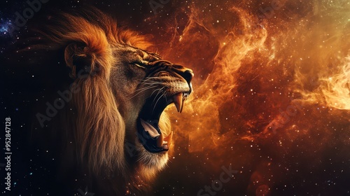 Majestic lion roaring against a cosmic background of stars and flames
