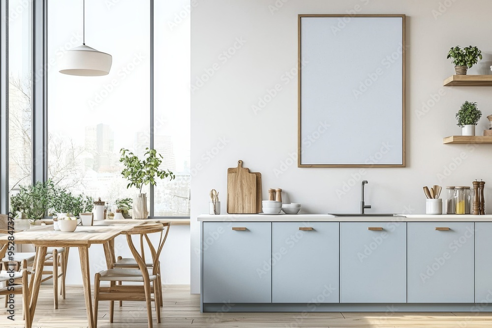 Fototapeta premium Poster Mockup in Kitchen Interior with White Wall created with Generative AI