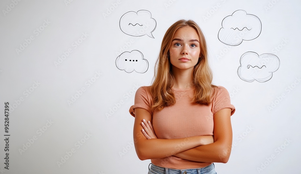 Young woman standing with thought bubbles on a white background, thinking about the idea of making a choice between different options or choices in life and work with copy space Young woman standing with thought bubbles on a white background, thinking about the idea of making a choice between different options or choices in life and work with copy space