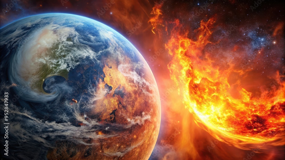 Dramatic image of Earth engulfed in flames against a backdrop of a giant planet, earth, burning Dramatic image of Earth engulfed in flames against a backdrop of a giant planet, earth, burning