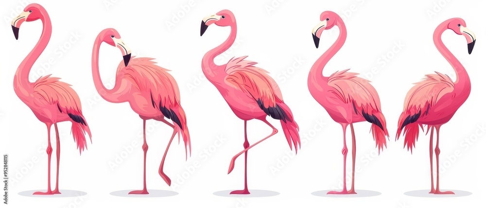 Obraz premium A group of illustrated pink flamingos in various poses on a white background, showcasing their elegance.