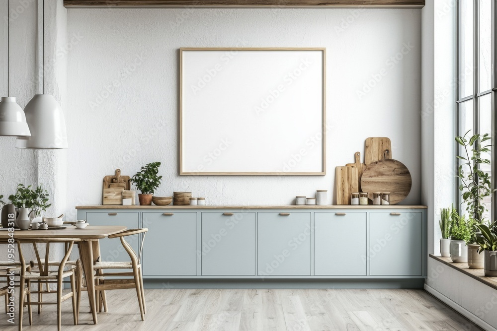 Fototapeta premium Poster Mockup in Kitchen Interior with White Wall created with Generative AI