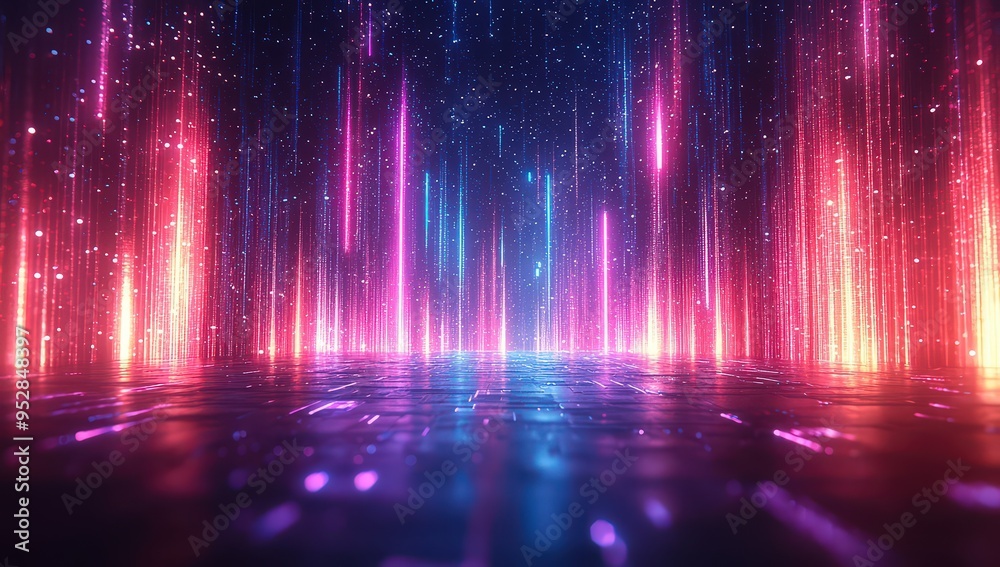 Abstract background with neon blue and purple lights. Futuristic wallpaper with vertical lines of glowing light, creating an atmosphere for digital or technology themes. Abstract background with neon blue and purple lights. Futuristic wallpaper with vertical lines of glowing light, creating an atmosphere for digital or technology themes.
