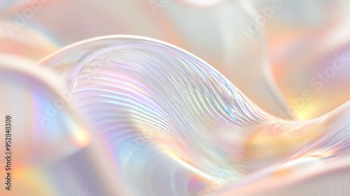 Macro glass 3d Y2K render abstract background. Transparent glassmorphism modern texture. Holographic curved wave in motion. Gradient design element.