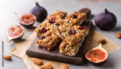 Homemade granola energy bars with figs, oatmeal, almond, dry cranberry, chia and sunflower seeds, healthy snack 