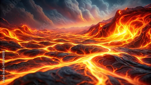 Abstract background with flowing lava , abstract, red, hot, volcanic, molten, fiery, heat, texture, hellish, inferno