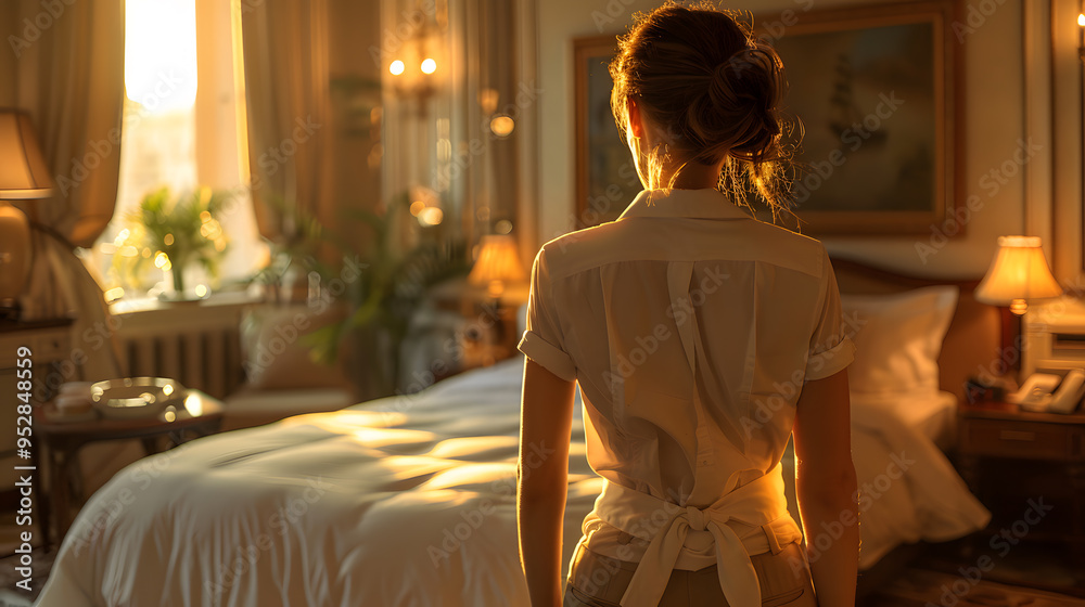 Fototapeta premium Room Service Lady Attending to Guest Needs | Professional Housekeeping and Hospitality Services