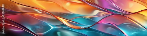 A colorful, abstract painting of a wave with a blue and yellow stripe. The painting is full of bright colors and has a sense of movement and energy