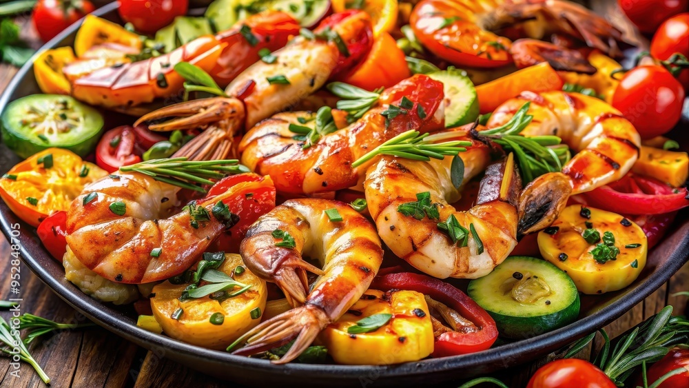 Succulent seafood delight featuring grilled shrimp on a bed of vibrant vegetables, seafood, succulent, shrimp, grilled