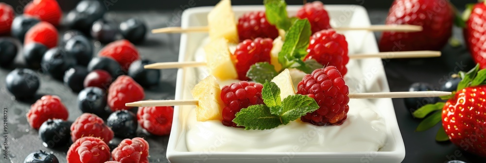 Colorful fruit skewers being immersed in yogurt on a serving tray.