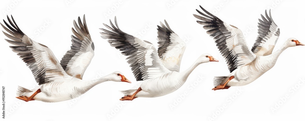 Obraz premium Two vector-style geese in flight with outstretched wings, set against a plain white background.